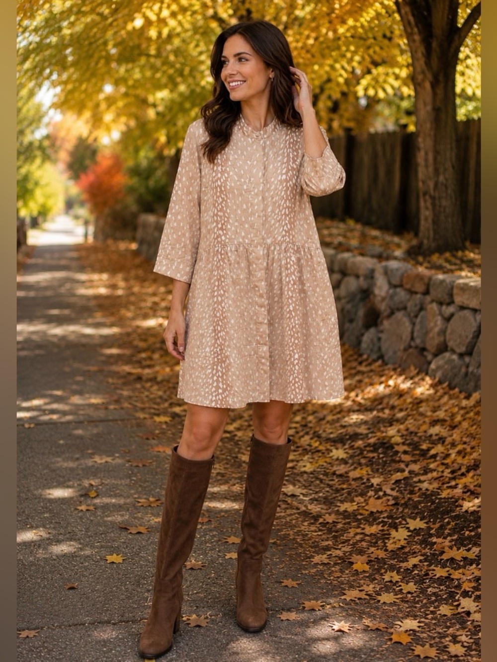 Tuckernuck The Antelope Royal Shirt Mini Dress Tan Animal Print 3/4 Sleeves XL